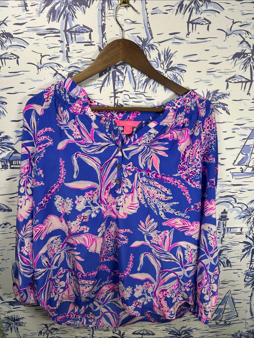 Lilly Pulitzer Blue Pink White Floral Button Front Top